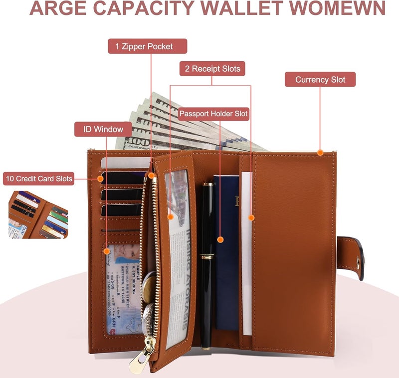 yiijay Women's Wallets RFID Blocking Leather Trifold Clutch Wallet Credit Card Holder Ladies Travel Wallet Purse with Pen Holder - Image 2